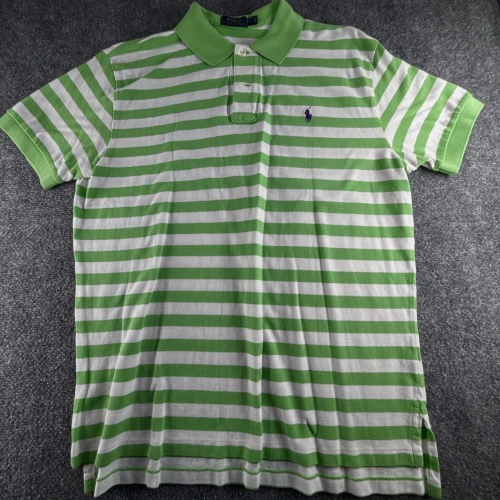 Polo Ralph Lauren Mens Green White Striped Short Sleeve Polo Shirt Large Logo